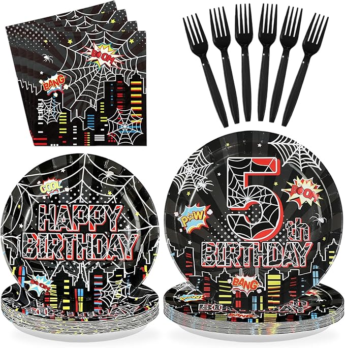 96Pcs Spider 5th Birthday Decorations for Boys Super Theme Hero 5th Birthday Plates and Napkins Black Red Spider Five Years Old Decoration Favors for Kids 5 Year Old Party Supplies Serves 24