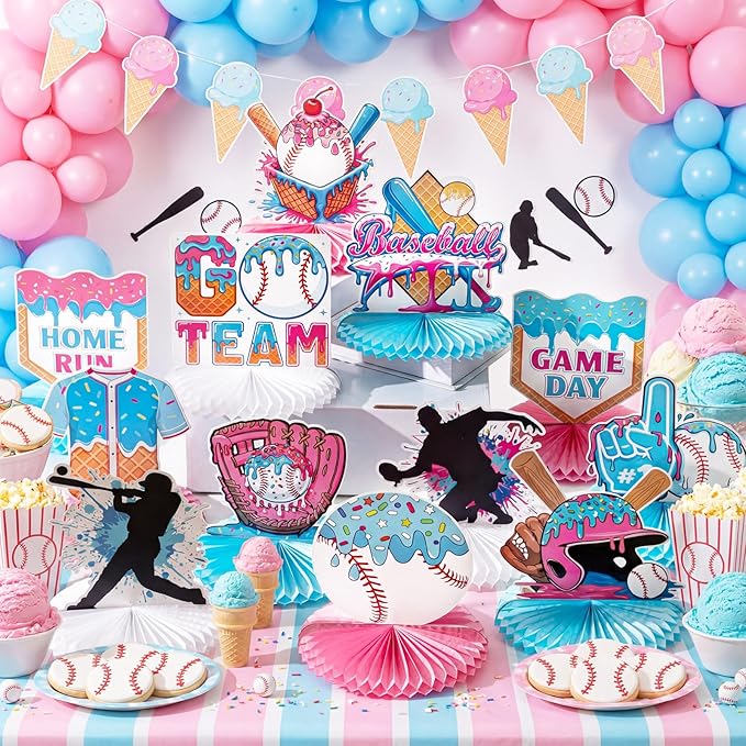 Marspark 12 Pcs Ice Cream Drip Baseball Birthday Party Decoration Baseball Drip Table Centerpieces Ice Cream Honeycomb for Table Party Supplies for Kids Boys Birthday Baby Shower Favors