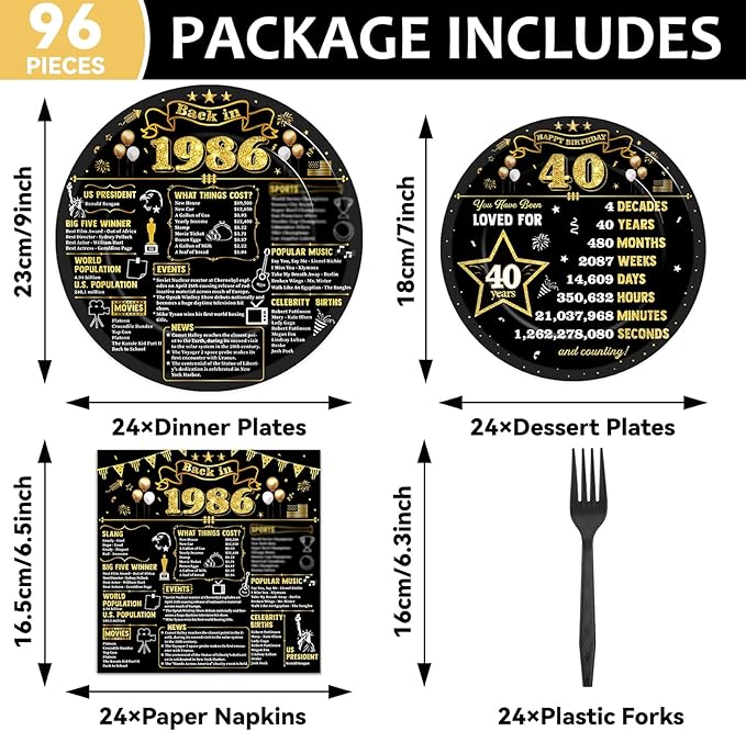 96Pcs 40th Birthday Plates and Napkins Back in 1986 Party Decorations Black Gold 40 Year Old Party Dessert Plates 1986 Birthday Tableware for 24 Guests 40th Theme Men Woman Bday Parties Supplies