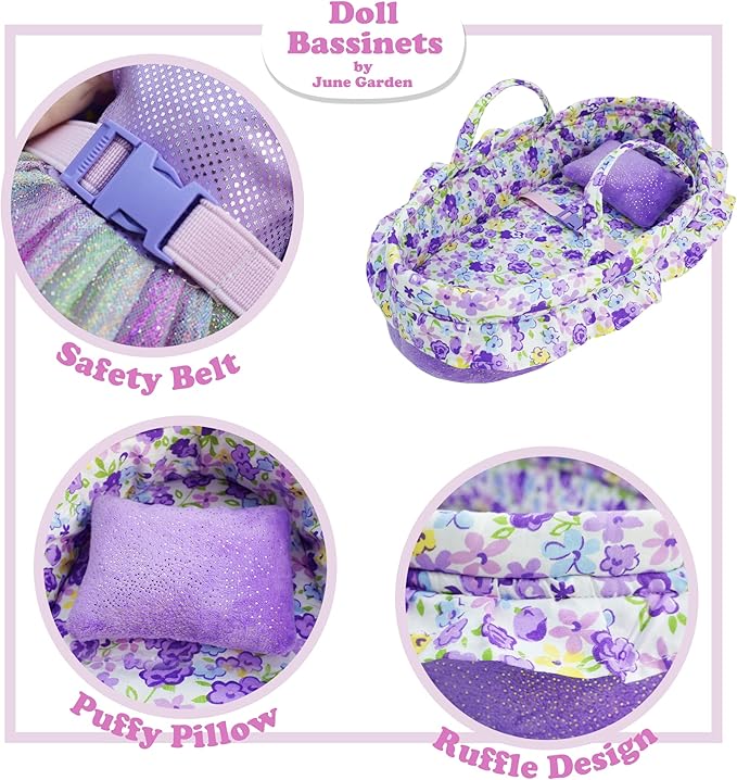 June Garden Cozy Dream Doll Bassinet - Baby Doll Portable Carrier - Fits for American Girl Dolls up to 14" - Soft Pillow & Safety Buckle Included - Purple