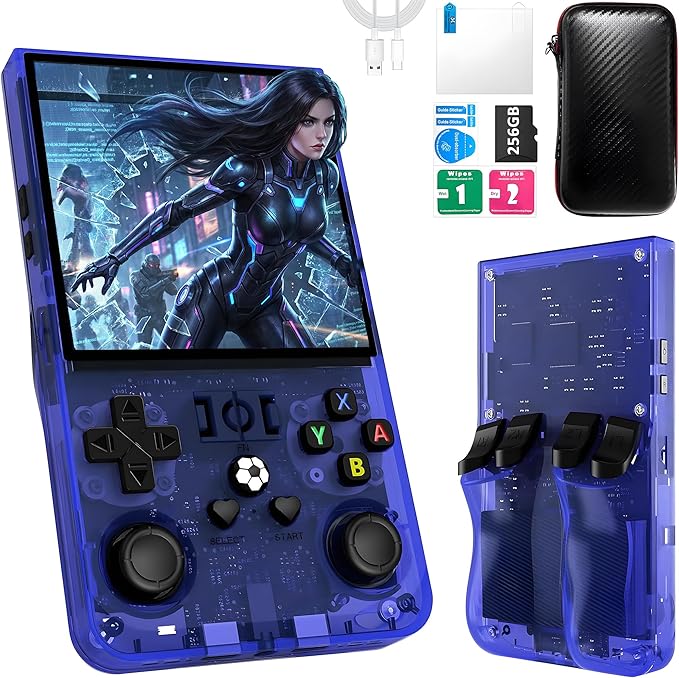 R36MAX Handheld Game Console, 40000+ Games Retro Gaming Console, 256GB TF Card Mini Retro Video Console, 4000mAh Rechargeable 4.0" IPS HD Screen Portable Pocket Arcade (Transparent Blue)