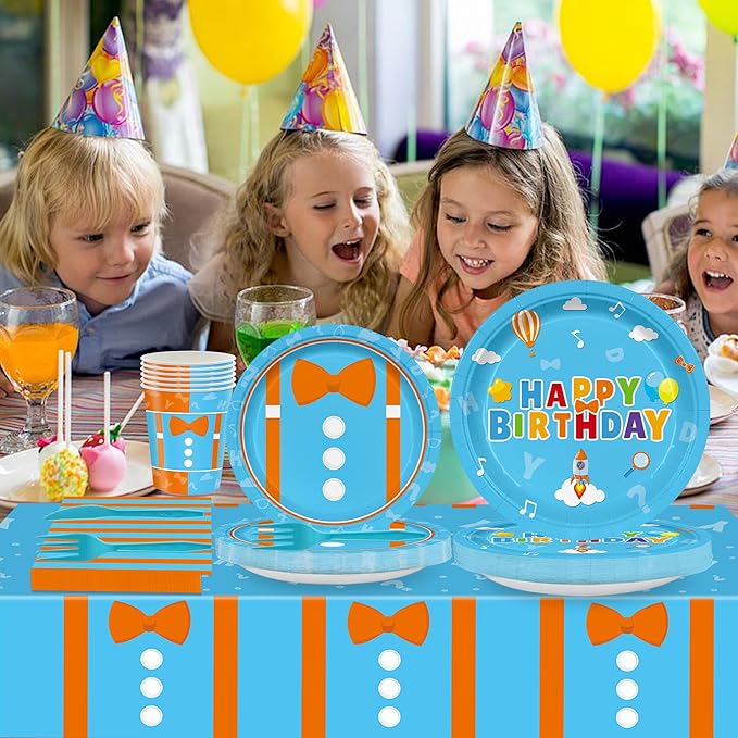 145PCS Cartoon Teacher Party Supplies English Teacher Themed Happy Birthday Party Decorations for Kids Chlid Includ Orange Blue Paper Plates Napkins Cups Tableware Set with Tablecloth Serve 24 Guests