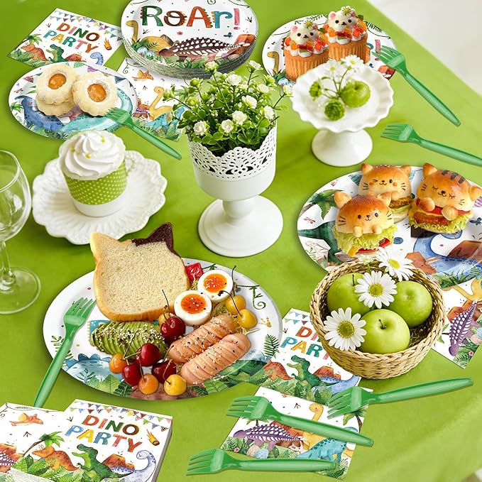 96 Pcs Dinosaur Plates and Napkins Tableware Set (Serves 24), Dinosaur Birthday Party Supplies Include Plates Napkins Plastic Forks for Kids Party Decorations