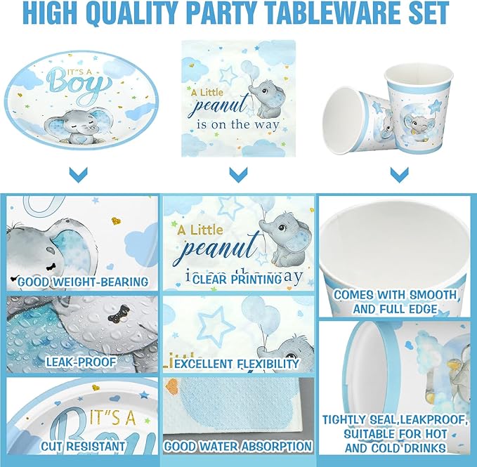 200 Pcs Blue Elephant Baby Shower Paper Plates Napkins Cups Its a Boy Baby Shower Party Supplies Tableware Set Elephant Disposable Cup Napkin for 50 Guest Girls Spring Party Decoration