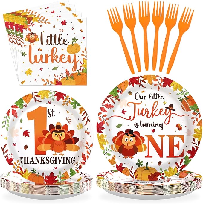 Grencian 96Pcs Thanksgiving 1st Birthday Decorations Our Little Turkey Is Turning One Plates and Napkins Fall 1st Birthday Tableware Set for Thanksgiving Turkey-Themed Baby Shower Party Supplies