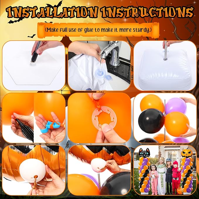 Kasyat 2 Set Halloween Balloon Column Stand Kit with Cat Head Scary Pumpkin Foil Balloon Orange Black Purple Arch Garland Kit for Spooky Birthday Party Halloween Theme Decoration