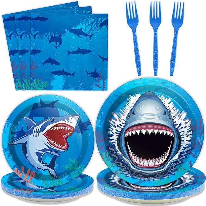 24 Guests Shark Theme Party Decorations Under the Sea Party Tableware Set Shark Baby Shower Plates Napkins and Forks Ocean Birthday Table Decorations Supplies 96Pcs