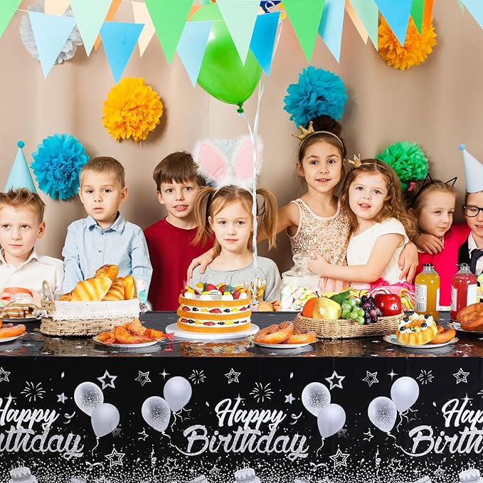 Breling Birthday Party Supplies Confetti Sprinkles Happy Birthday Tablecloths Starry Table Covers for Party Decorations, 54 x 108 Inches(Black and Silver,3 Pack)