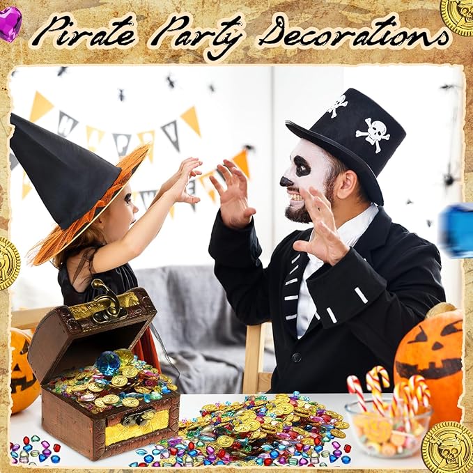 Gejoy 868 Pcs St. Patrick's Day Pirate Party Favors Pirate Treasure Jewels and Gold Fake Coins Booty Chest Play Set with Drawstring Bag for Summer Pool Diving Adventure Themed Party Decorations
