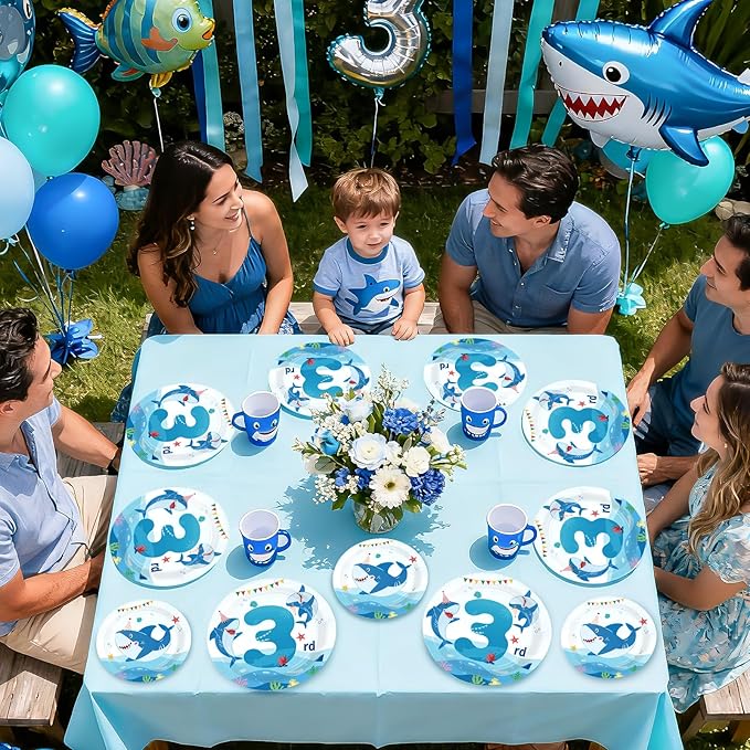 96Pcs Shark 3rd Birthday Party Supplies Blue Ocean Shark Plates and Napkins Under The Sea Tableware Set for Kids 3 Years Old Blue Ocean Theme Birthday Party Supplies，Serves 24