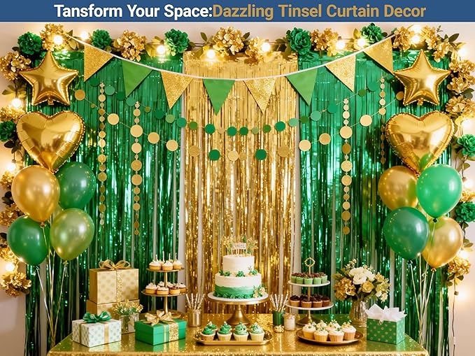 3 Packs Green Gold Foil Fringe Curtains Green Birthday Decorations Streamer 9.9ft for Wedding Party Backdrop Bridal Shower Tinsel,Birthday Party Door Cover Each 3.3 x 6.5 ft