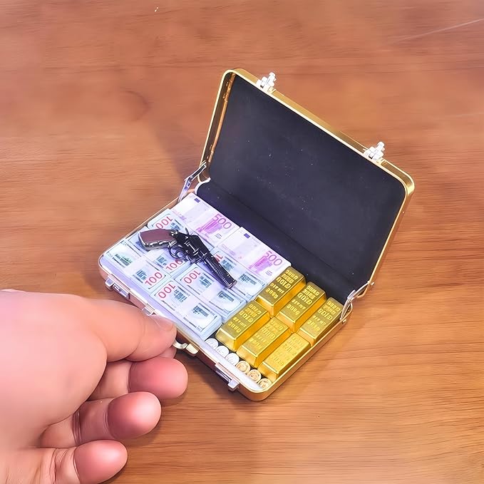1:6 Scale Miniature Briefcase Set - Includes Fake Gold Bars, Bundles of $100 Mini Dollar Bills, Vintage Coins and Mini Weapons - Unique Adult NoveltyToy & Dollhouse Accessories (Golden)