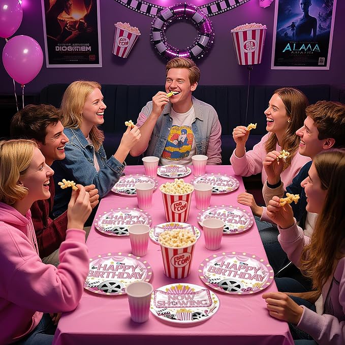 Grencian 96Pcs Movie Night Party Decorations Pink Movie Plates and Napkins Disposable Camera Popcorn Theater Paper Tableware for Girls Film Festival Birthday Film Theme Party Supplies, Serves 24