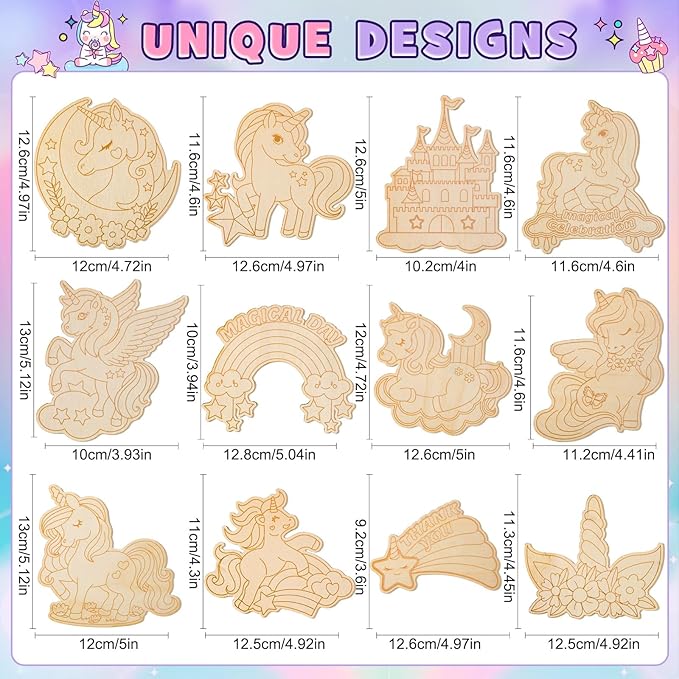 Winrayk 12 Pack Pre-Packaged Unicorn Party Favors for Girls, Wooden Unicorn Cutouts with Gift Cards & Painting Kits, Kid Rainbow Princess Art and Crafts Goodie Bag Stuffer Birthday Decoration Supplies