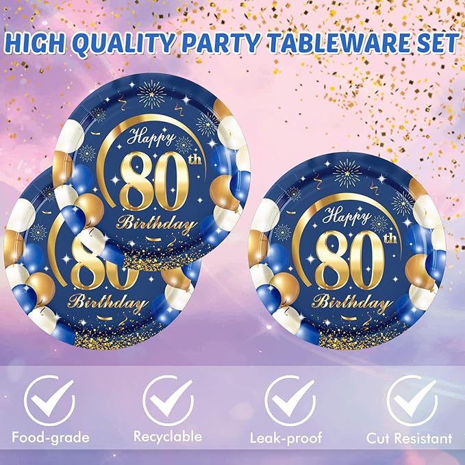40PCS 80th Birthday Decorations forMen 80th Birthday Decorations Navy Blue and Gold Theme Party Supplies Include Plates and Napkins For 80 Years Old Party Supplies Gifts