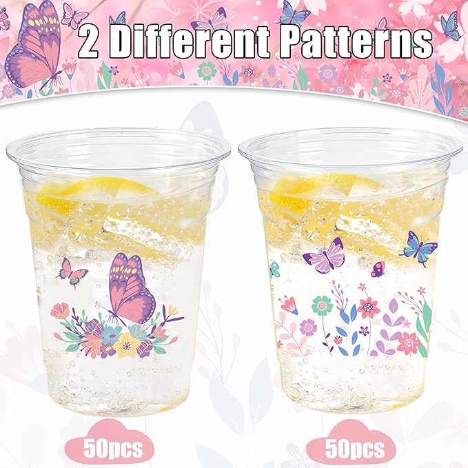 100 Pieces Butterfly Plastic Cups, 12 Oz Butterflies Floral Plastic Clear Disposable Drinking Cups for Spring Summer Party Favor Birthday Wedding Party Supplies