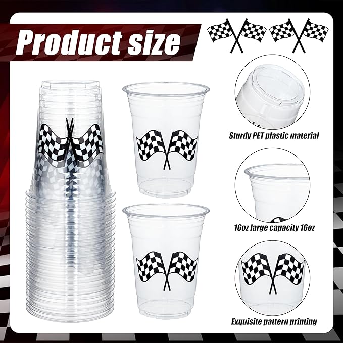 peony man 50 Pcs Checkered Racing Party Plastic Cups 16 oz White Black Checkered Flag Clear Cup Disposable Race Car Drinking Cups for Race Car Sports Themed Birthday Party Favors Supplies
