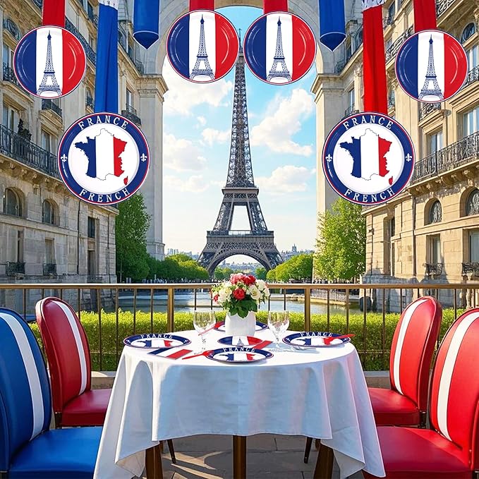 96Pcs France French Flag Party Supplies French Flag Party Plates and Napkins Disposable France Flag Tableware Set for French Party Decor Paris Theme Party Decorations Birthday Family Gathering Serve24