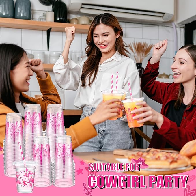 Yungyan 50 Sets Pink Cowgirl Plastic Cups with Lids and Straws 16 oz Disco Cowgirl Coffee Juice Drinking Cups for Western Party Decoration Wedding Birthday Bachelorette Party Supplies
