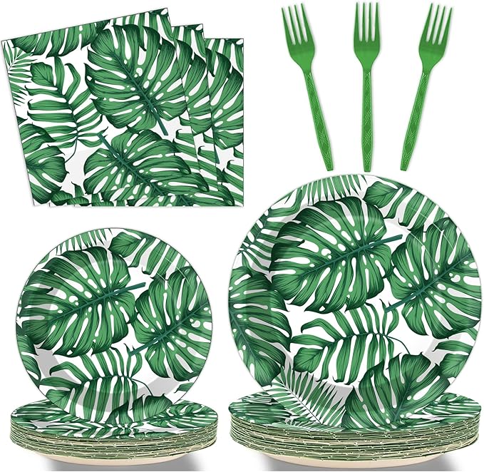 gisgfim 96 Pcs Hawaiian Luau Party Plates and Napkins Party Supplies Tropical Palm Leaf Tableware Set Summer Theme Party Decorations Favors for Birthday Baby Shower for 24 Guests