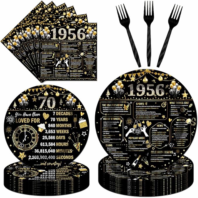 96PCS 70th Birthday Plates and Napkins Party Supplies 70th Birthday Decorations for Women Men 70th Anniversary Decorations Cheers to 70 Years Vintage Tableware Sets Serve 24 Guests
