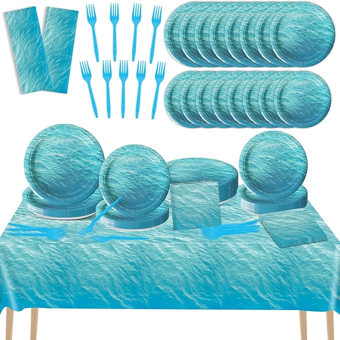 gisgfim 98 Pcs Ocean Sea Party Supplies Ocean Waves Party Plates Ocean Sea Party Tablecloth Ocean Theme Party Decorations for Adults Ocean Sea Tableware Paper Forks Napkins Plates for 24 Guests