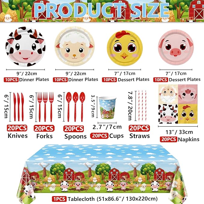 Farm Birthday Decorations -181 Pcs Farm Birthday Party Supplies serves 20, Farm Animal Tableware Set