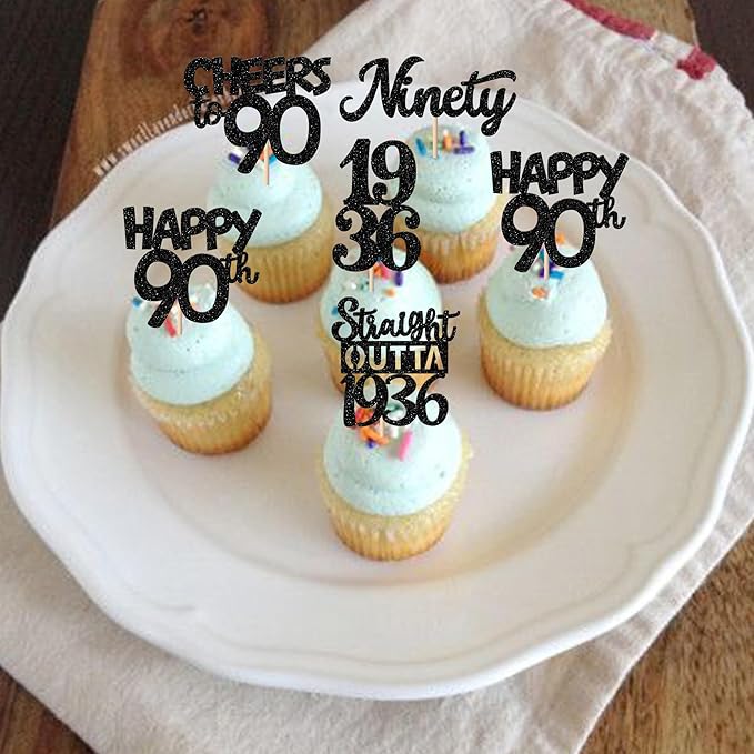 30PCS Black 90th Birthday Cupcake Toppers Glitter Nighty 90 Fabulous Happy 90 Straight Outta 1936 Cupcake Picks for 90th Birthday Anniversary Party Cake Decorations Supplies