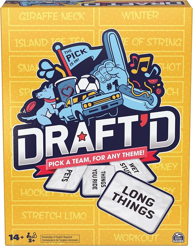Spin Master Games, Draft’d, Competitive Drafting Party Game with Hilarious Prompts for College Nights, Football Watch Parties, Happy Hour Activity, Easter Gift, 3-5 Players, for Ages 14 & Up