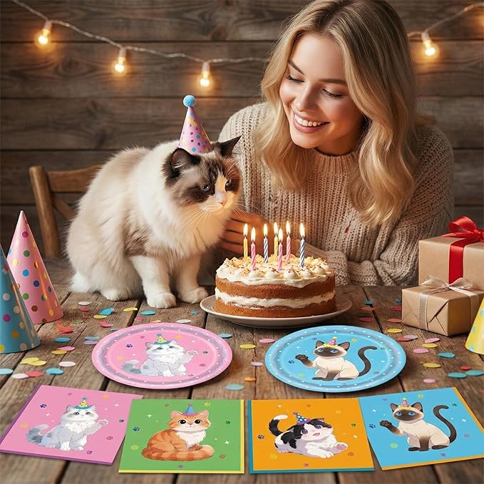 40Pcs Cat Birthday Decorations Tableware Set,Cute Kitten Theme Party Supplies Birthday Plates and Napkins Disposable Table Decor for Baby Shower Kids Birthday Gift,Serve 20 Guests