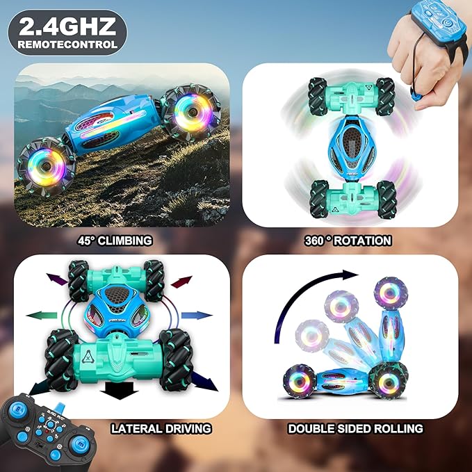 Gesture RC Car,1:18 4WD Transform Off-Road Stunt Car with Gesture & Remote Control, 360° Flips Drift Vehicle with LED Lights Music, All Terrain Toy Cars Gifts for Boys Girls Age 6-12