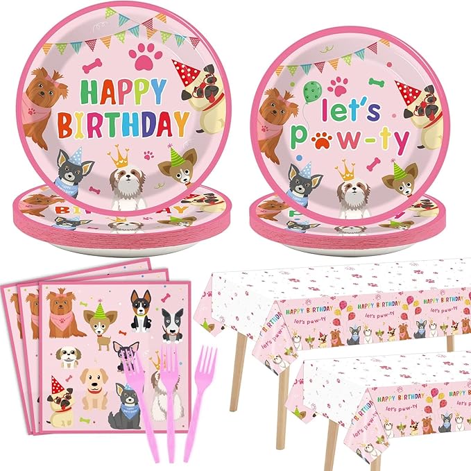 98pcs Dog Birthday Party Decorations Puppy Tableware Set Plates Napkins Pink Dog Theme Tablecloth for Girl Birthday Lets Pawty Party Supplies Kit Pet Dogs Table Cover Dinnerware Paw Print Theme Favors