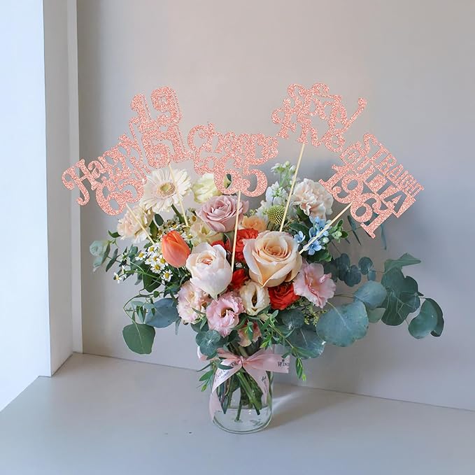 Gyufise 15Pcs Happy 65th Birthday Centerpiece Sticks Sixty Five Straight Outta 1961 Table Flower Centerpieces Sticks Cheers to 65 Decorations for 65th Birthday Party Supplies Rose Gold