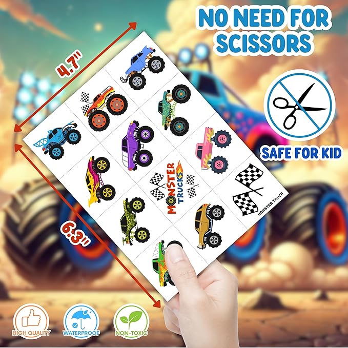 72PCS Monster Truck Party Favors for Kids - 48 Pre-Cut Temporary Tattoos & 24 Silicone Bracelets - Birthday Party Supplies, Goodie Bag Fillers, Carnival Prizes, Classroom Rewards for Boys & Girls