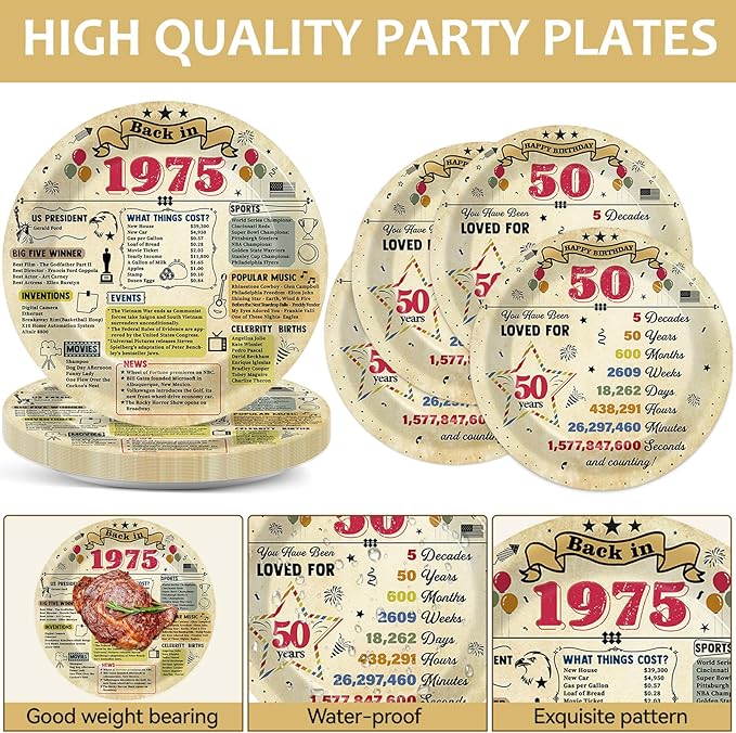 96Pcs Funny 50 Year Old Birthday Party Plates and Napkins Back in 1975 Themed Party Decorations Vintage 50th Party Disposable Tableware Set for 24 Guests Cheers to 50 Years Birthday Favors Supplies