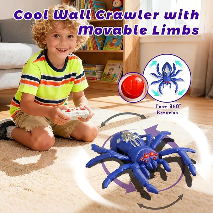 Wall Climbing Remote Control Spider, Rechargeable RC Wall Crawler Tarantula Robot with High Speed & 360° Rotation, Funny Prank Toys Gifts for Boys & Girls Age 3+ (Purple)