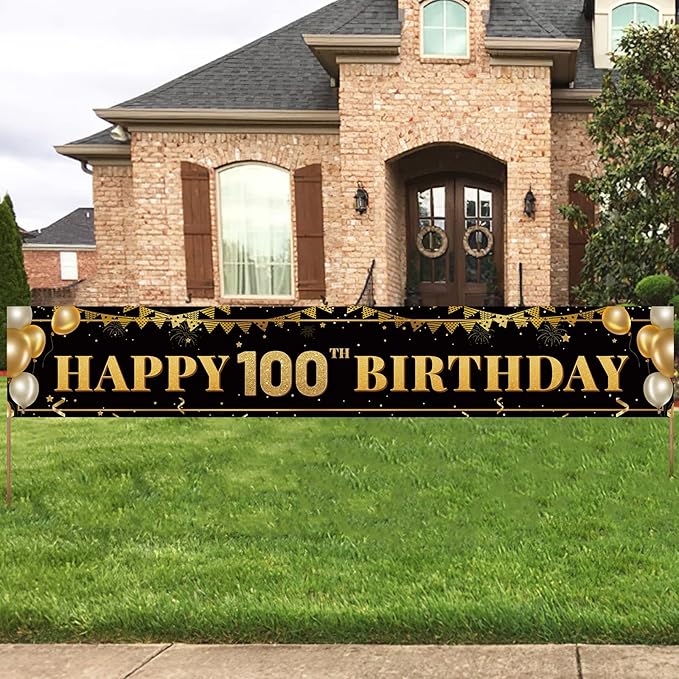 Large Happy 100th Birthday Banner, Black & Gold Decoration Sign, Party Decorations Supplies (9.8x1.6ft)