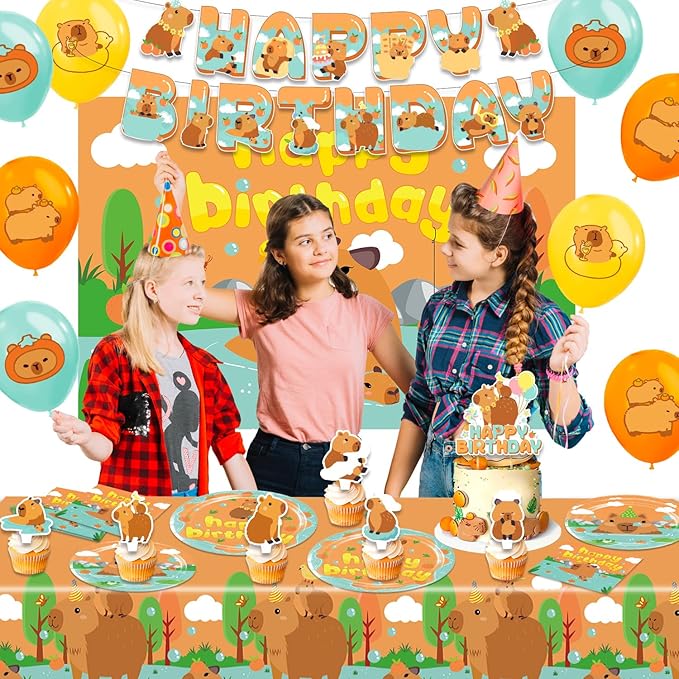 Capybara Birthday Decorations，Capybara Party Supplies，Capybara Party Decorations，Capybara Party Supplies Include Balloons,Backdrop,Banner, Cake Toppers，Tableware, Tablecloth