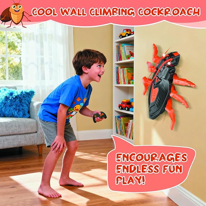 Wall Crawler Cockroach RC Toy, Creepy Crawly Remote Control Robot for Kids, Climbs Walls, STEM Toys Halloween Birthday Gift for Boys Girls Ages 6-12 with LED Eyes