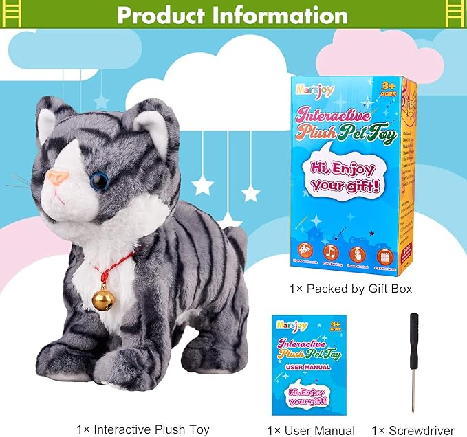 Pattern Gray Robot Cat Plush Cat Stuffed Animal Interactive Cat, Meow Kitten Touch Control, Electronic Cat Pet, Robotic Cat Cat Kitty Toy, Animated Toy Cats for Girls Baby Kids L:12"