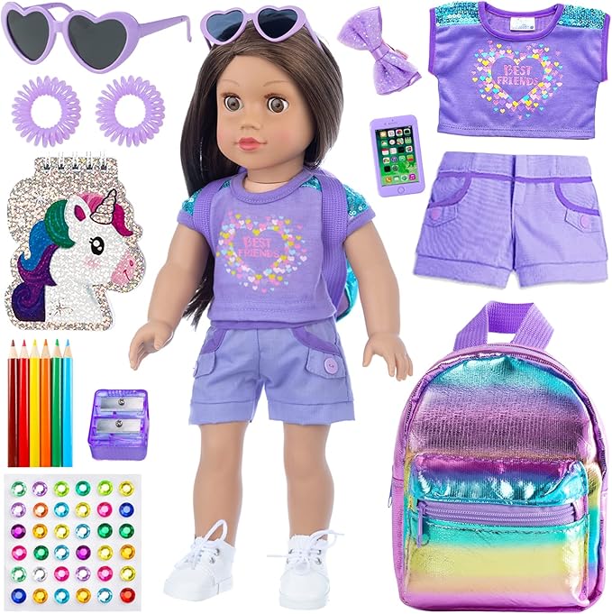 18 Inch Girl Doll Clothes and Accessories School Supplies Playset with Clothes Set, School Bags, Sunglasses, Pencils, Pencil Sharpener, Notebooks, Phone, Hair Clip, Stickers （No Dolls）