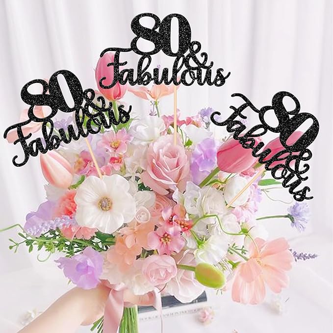12 PCS 80 and Fabulous Centerpiece Sticks Double Sided Happy 80th Birthday Table Flower Centerpieces Sticks Cheers to 80 Floral Decorations for 80th Birthday Anniversary Party Supplies Black
