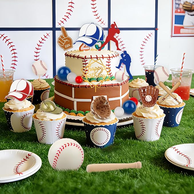 Baseball Cake Decorations 26PCS Baseball Cake Toppers for Boys Sports Theme Party Decoration with Baseballs Bat Glove Hat Player Red White Blue Balls for Baseball Themed Birthday Party Decorations