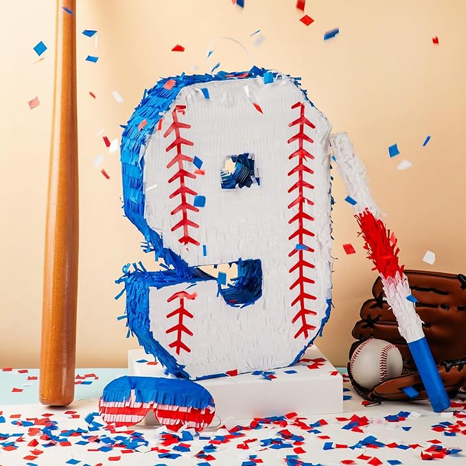 HyDren Baseball Piñata Baseball Party Decorations Number Piñata with Bat, Blindfold and Confetti, 16 Inch Sports Themed Birthday Party Supplies for Celebration Events(Number 9)