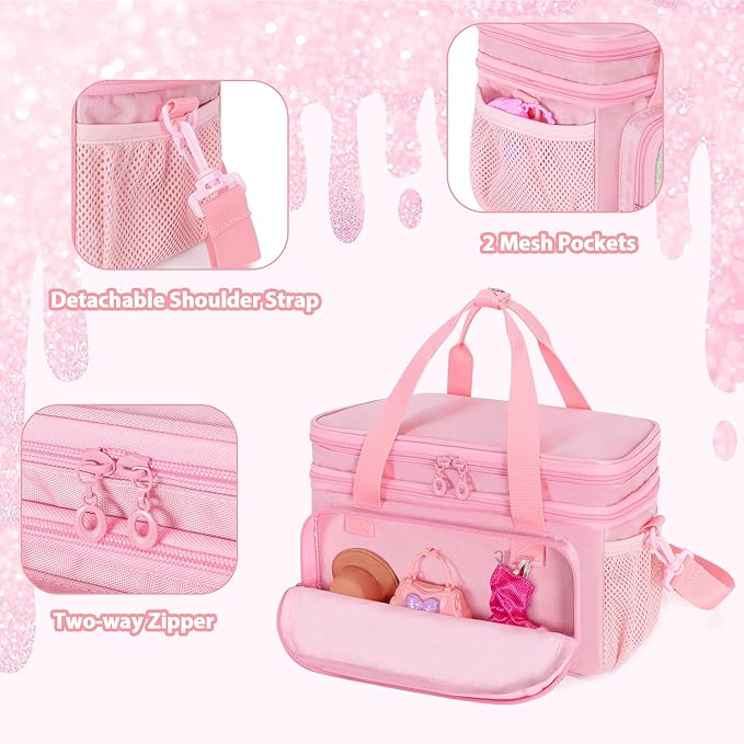 Carrying Case Compatible with Barbie Doll Clothes, Doll Accessories Storage Organizer, Double Layer Design, with Handle and Detachable Shoulder Strap, Case only (Pink)