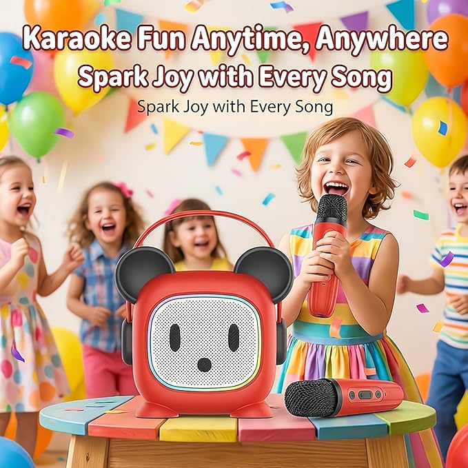 Kids Karaoke Machine with 2 Wireless Microphones - Portable Bluetooth Singing Speaker with AI Voice Changer, LED Lights, Built-in Mic & Carry Handle | Best Birthday Gifts for Girls Boys Ages 3-12