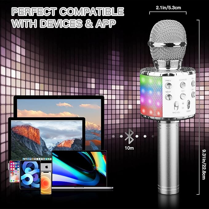 ShinePick Karaoke Microphone, 4 in 1 Wireless Microphone with LED Lights Handheld Portable Karaoke Machine, Home KTV Player, Compatible with Android & iOS Devices (Silver)
