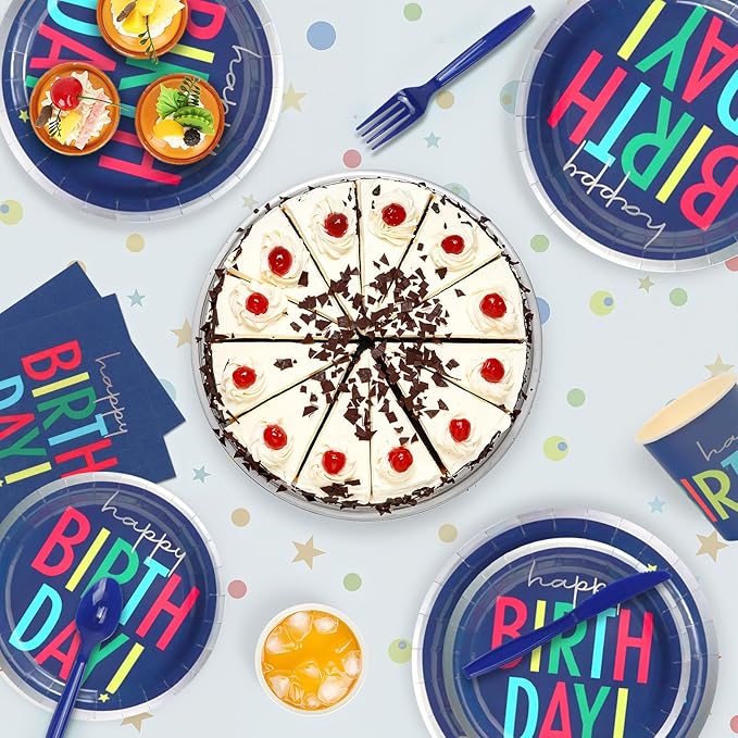 168Pcs Birthday Party Plates - Blue Kids Birthday Paper Plates Disposable and Napkins, Cups, Knives, Forks, Spoons Set for 24 Guests Baby Shower Girls Boys Party Table Supplies Decorations