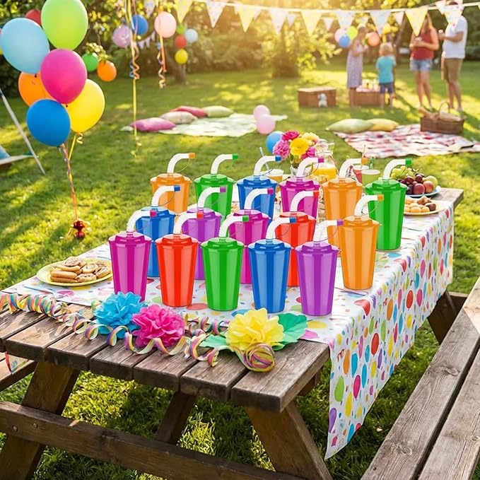 Zubebe 96 Pcs Neon Straws Cups 12 oz Colorful Neon Cups with Sipper and Lids Plastic Favor Reusable Straw for Birthday Party Events Supplies, 6 Colors