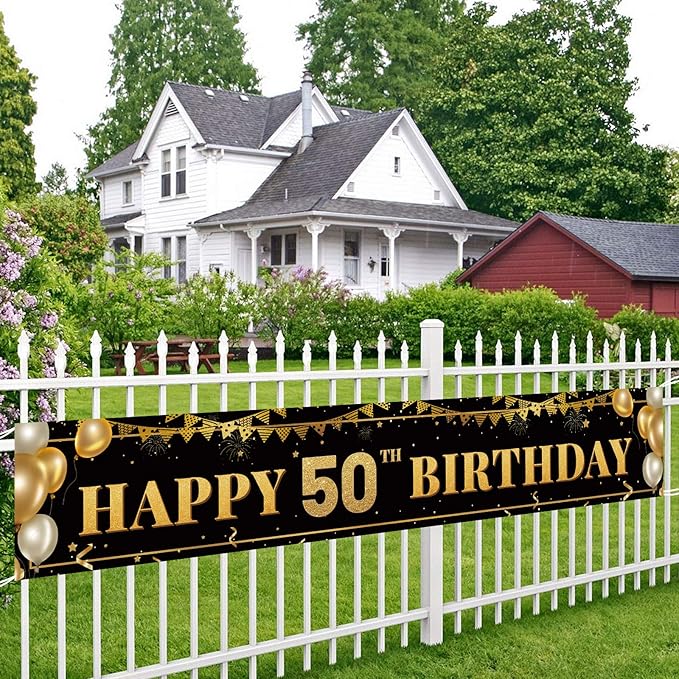 Large Happy 50th Birthday Decoration Banner, Black and Gold Happy 50th Birthday Banner Sign, 50th Birthday Party Decorations Supplies(9.8x1.6ft)